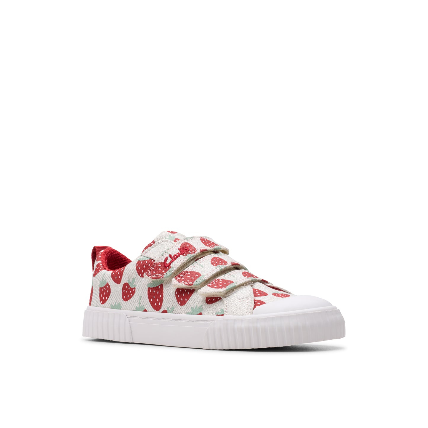 Clarks Foxing Fraise K Girls Silver Strawberry Canvas Shoe