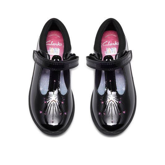 Clarks Relda Magic Girls Black Patent T-Bar School Shoe