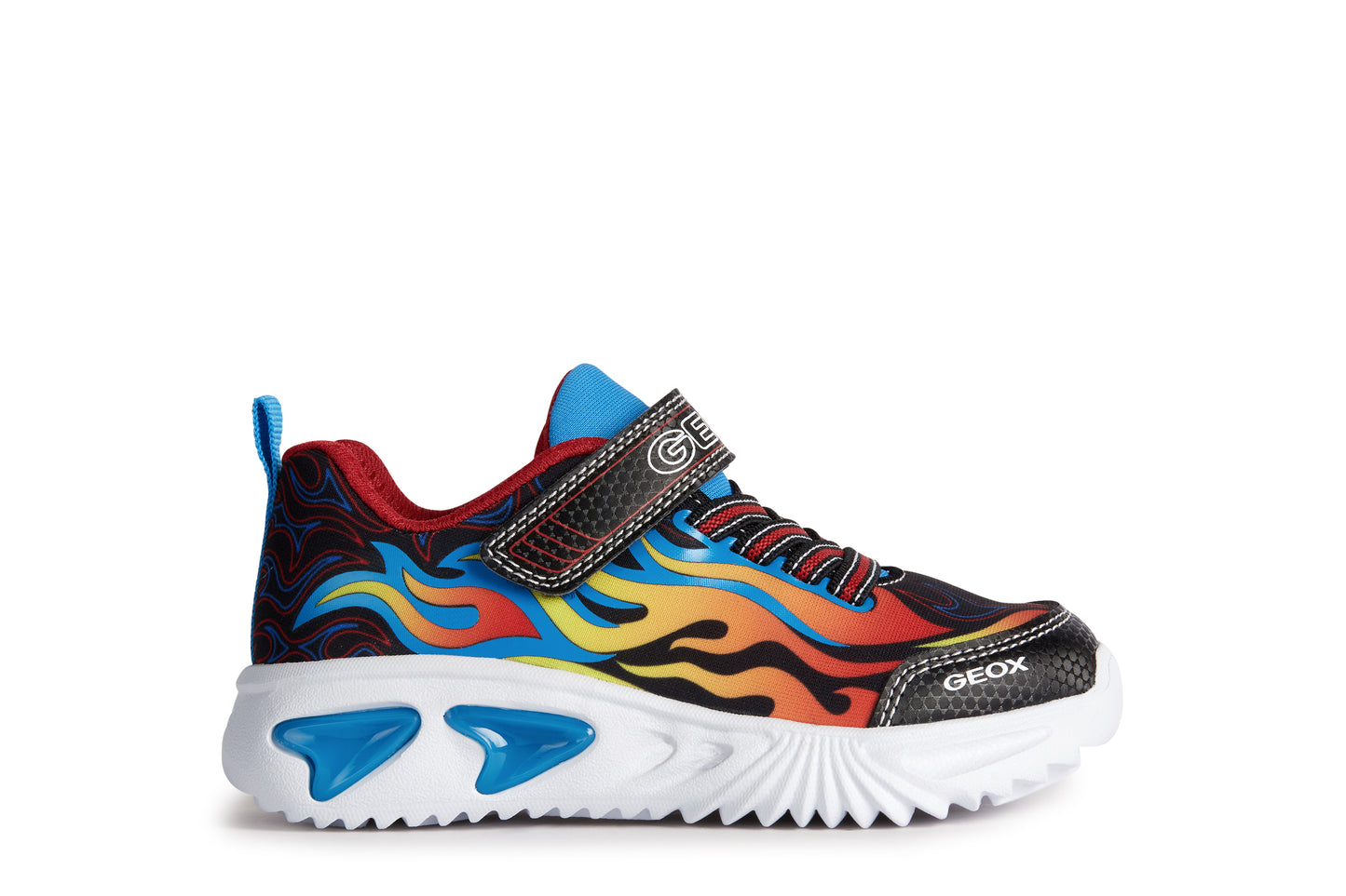 Geox Assister Boys Black Blue Flame Lights Trainer