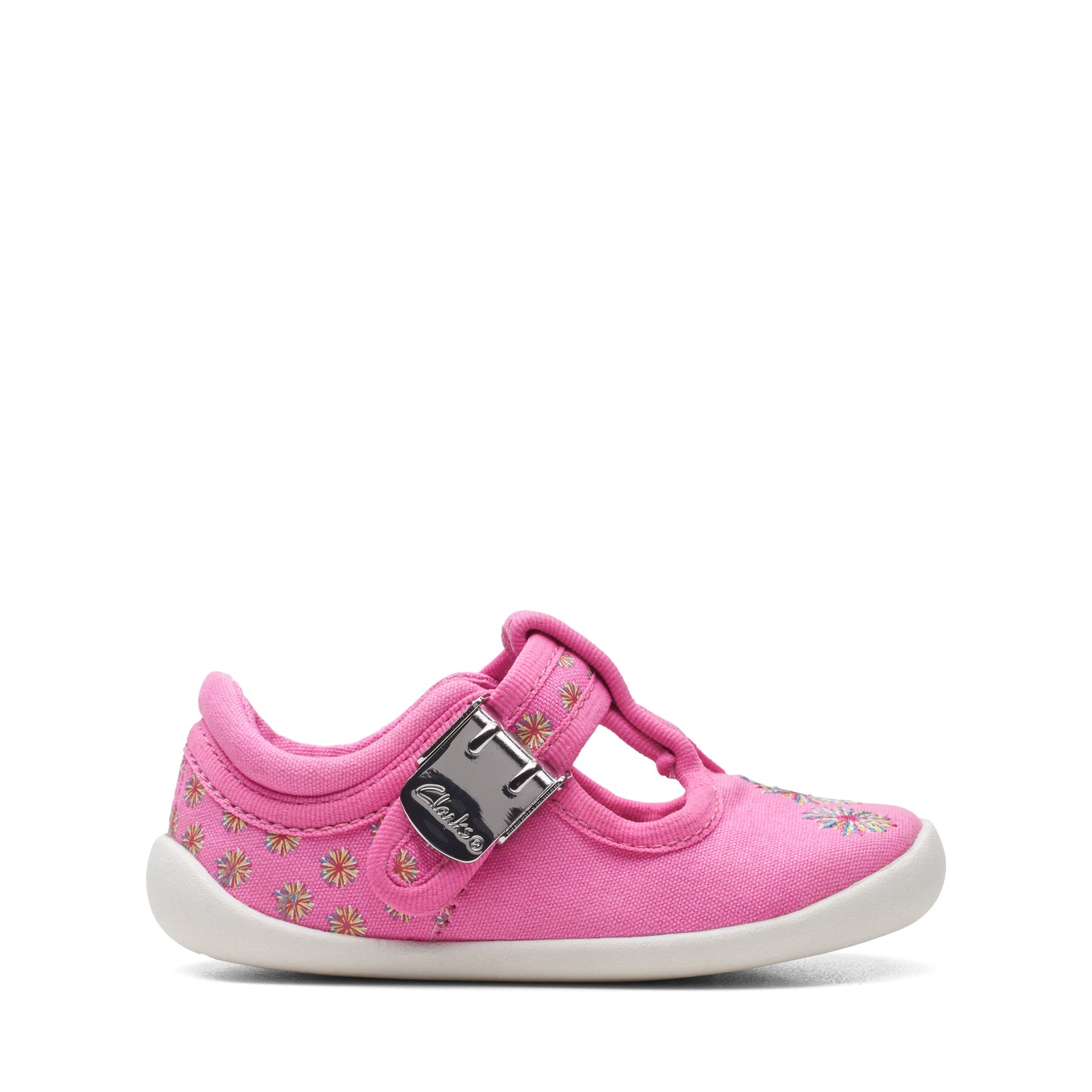 Clarks Roamer Sun T Girls Pink Firework Canvas T-Bar Shoe