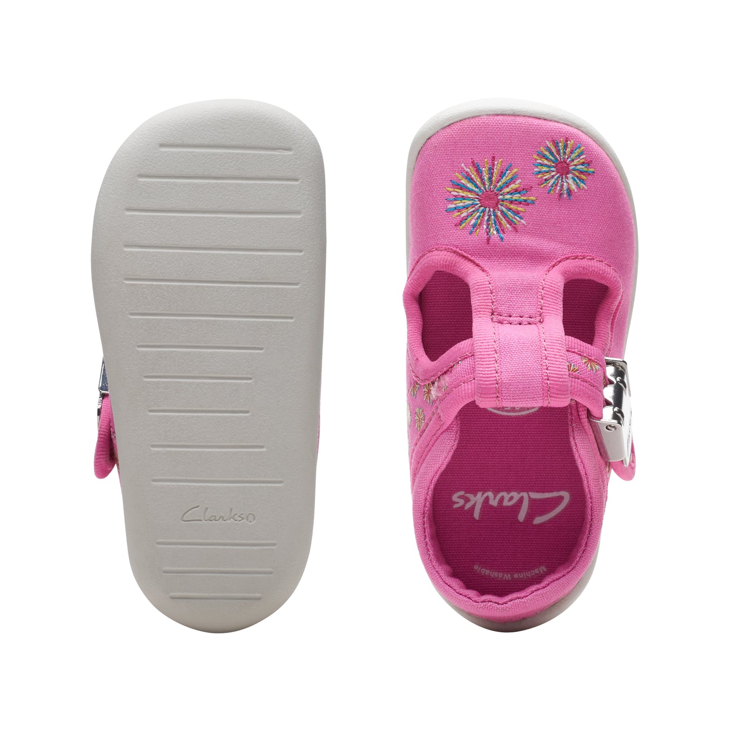 Clarks Roamer Sun T Girls Pink Firework Canvas T-Bar Shoe
