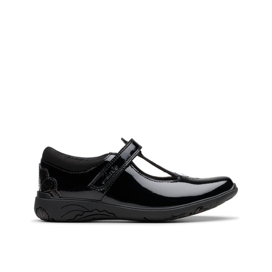 Clarks Relda Gem K Girls Black Patent T-Bar School Shoes