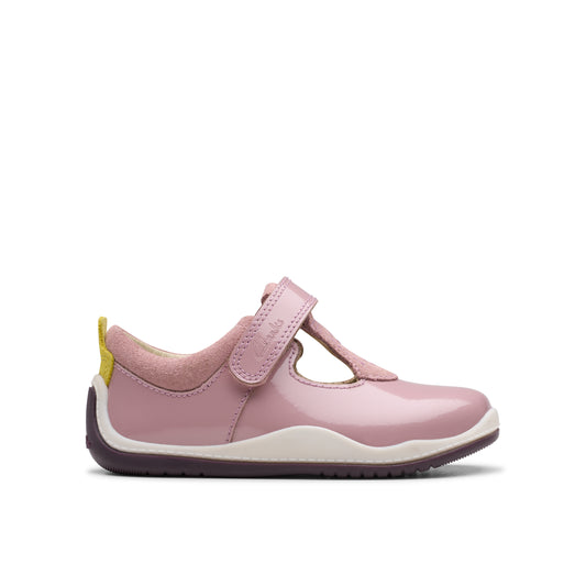 Clarks Noodle Bright T Girls Dusty Pink Patent T-Bar Shoe
