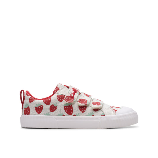 Clarks Foxing Fraise K Girls Silver Strawberry Canvas Shoe