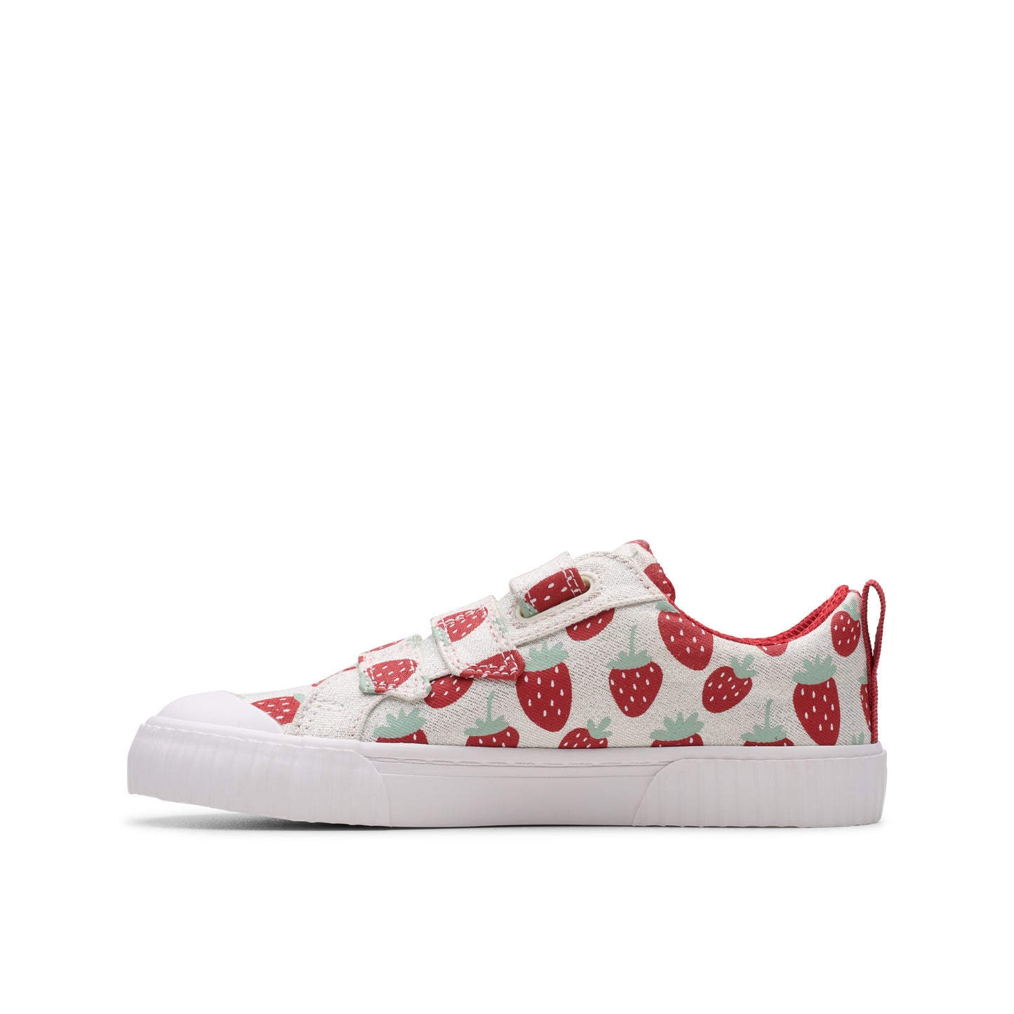 Clarks Foxing Fraise K Girls Silver Strawberry Canvas Shoe