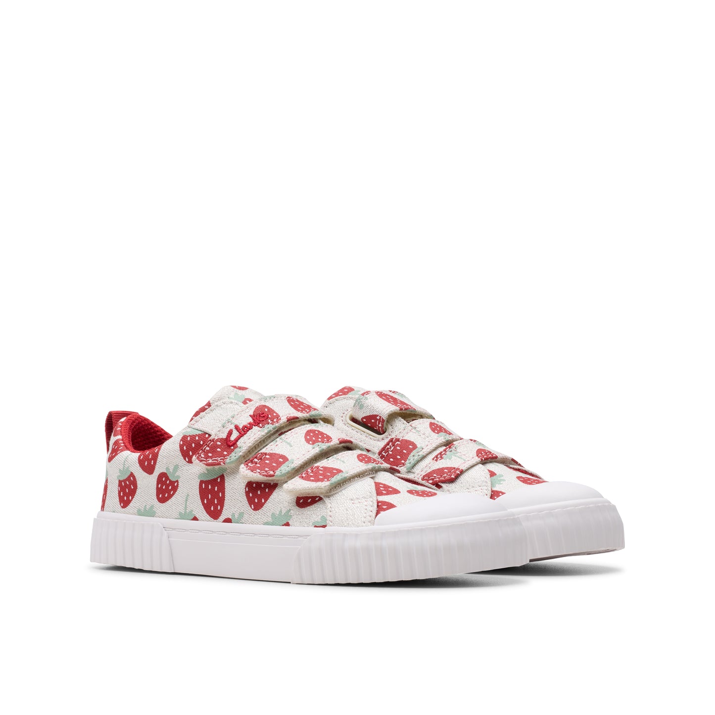 Clarks Foxing Fraise K Girls Silver Strawberry Canvas Shoe