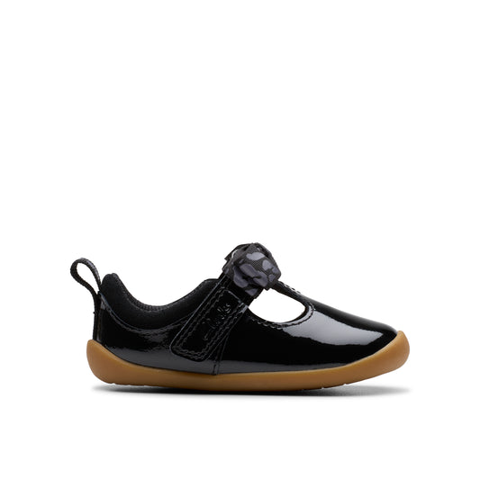 Clarks Roamer Trim T Girls Black Patent Bow Shoe