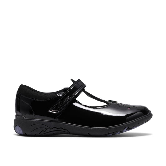 Clarks Relda Magic Girls Black Patent T-Bar School Shoe