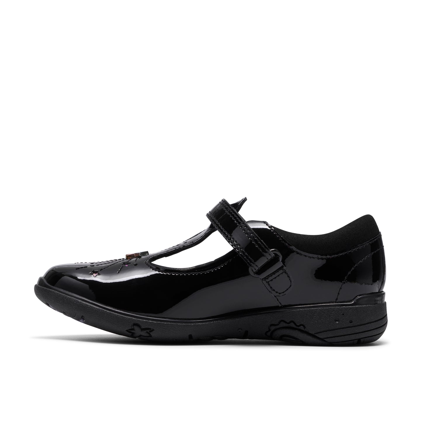 Clarks Relda Magic Girls Black Patent T-Bar School Shoe