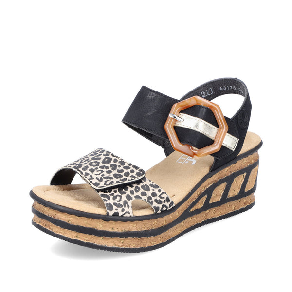 Rieker 6817600 Womens Black Leopard Wedge Sandal