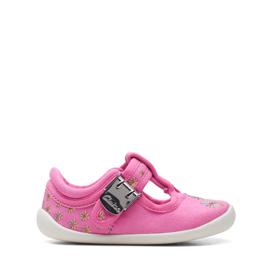 Clarks Roamer Sun T Girls Pink Firework Canvas T-Bar Shoe